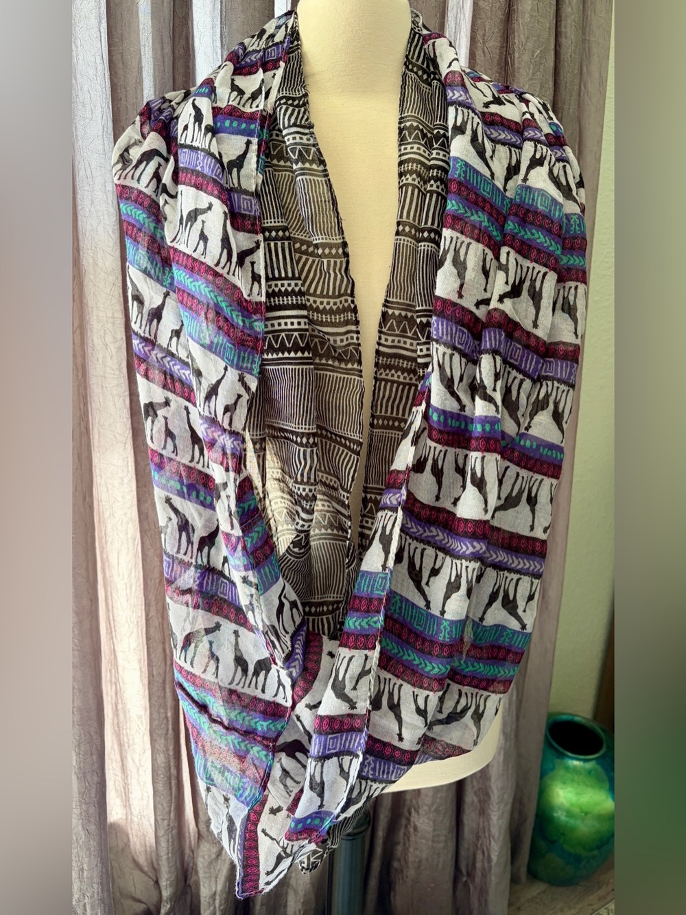 Infinity Scarves Lot of 2 Teal Magenta giraffe Print, Blk Wht Tribal Pattern